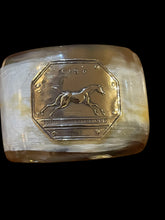 Load image into Gallery viewer, Bracelet, Antique Hunt Designs, Yellow Bronze “Gand” Medal Hand Riveted to Natural Horn Cuff, Sz SM-MED
