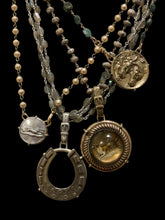 Load image into Gallery viewer, Necklace, Antique Hunt Original Design,  Stunning White Bronze Horse Shoe cast from an 1800’s Horse Shoe Brooch, set in Sterling Silver, on Three Strands of Iridescent Labradorite Chain
