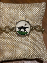 Load image into Gallery viewer, Bracelet, Antique Hunt Designs Vintage Crystal with Hounds, set in Bronze, on Gold-plated Chain

