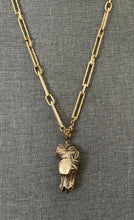 Load image into Gallery viewer, Bronze Horse Head Pendant Necklace - AH Designs Exclusive - on Gold Plated “Watch Chain” 24 inches.
