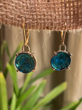 Load image into Gallery viewer, Earrings, Petite Caribbean Blue Antique Pressed Glass Buttons, set in Bronze Bezels, on Gold-filled Earwires
