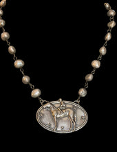Load image into Gallery viewer, Necklace, Sterling Racehorse Pendant, set on Genuine Silver Baroque Pearls on Sterling “Rosary” Chain, Antique Hunt Design Exclusive
