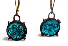 Load image into Gallery viewer, Earrings, Petite Caribbean Blue Antique Pressed Glass Buttons, set in Bronze Bezels, on Gold-filled Earwires
