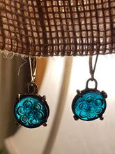 Load image into Gallery viewer, Earrings, Petite Caribbean Blue Antique Pressed Glass Buttons, set in Bronze Bezels, on Gold-filled Earwires
