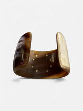 Load image into Gallery viewer, Bracelet, Antique Hunt Designs, Yellow Bronze “Gand” Medal Hand Riveted to Natural Horn Cuff, Sz SM-MED
