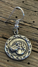 Load image into Gallery viewer, Earrings, Antique Hunt Designs Fox Hound Head in Wreath, in Sterling, on Sterling wires
