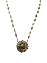 Load image into Gallery viewer, Necklace, Antique Hunt Designs, “Lucky French Hound”, Cast in White Bronze, on Labradorite &amp; Gold-plated Wire Chain, 20”
