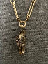 Load image into Gallery viewer, Bronze Horse Head Pendant Necklace - AH Designs Exclusive - on Gold Plated “Watch Chain” 24 inches.
