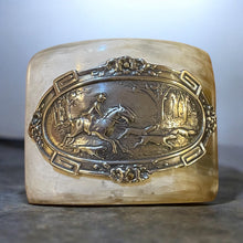 Load image into Gallery viewer, Bracelet, Antique Hunt Designs, Sterling Hunt Scene Hand Riveted to Natural Horn Cuff, Sz SM-MED

