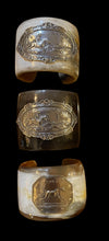 Load image into Gallery viewer, Bracelet, Antique Hunt Designs, Sterling Hunt Scene Hand Riveted to Natural Horn Cuff, Sz SM-MED
