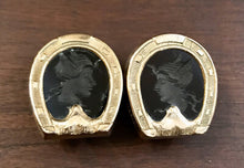 Load image into Gallery viewer, Cufflinks, Gold Clad Horse Shoes With Carved Onyx, 1890-1940 era
