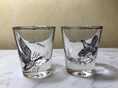 Bar/Tableware Shot Glasses, Vintage Pair Of Gamebirds, Canada Goose & Grouse