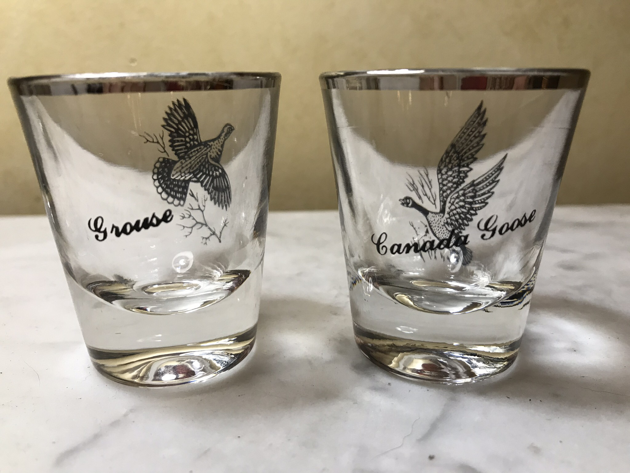Bar Tableware Shot Glasses Vintage Pair Of Gamebirds Canada Goose Grouse