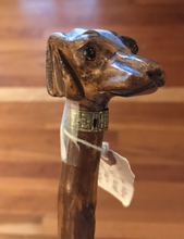 Load image into Gallery viewer, Cane-Walking Stick, Showing Cane, Antique Carved Dog (Spaniel?) Head W Glass Eyes &amp; Collar, Knobby Wood
