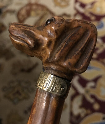 Cane-Walking Stick, Showing Cane, Antique Carved Dog (Spaniel?) Head W Glass Eyes & Collar, Knobby Wood