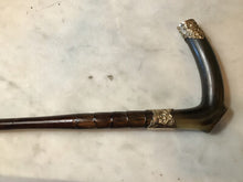 Load image into Gallery viewer, Whip-Crop, Sidesaddle Cane, Park, Antique, 10ct Gold Plated Horn Hook, Engraved, Excellent Condition
