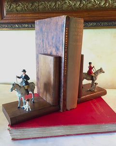 Bookends w detailed, hand painted, vintage Fox Hunt figures on wooden books