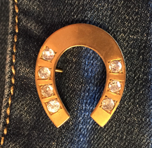 Load image into Gallery viewer, Brooch, horse shoe w &quot;paste&quot; glass &quot;diamonds&quot;, gilded sterling silver, Dressage
