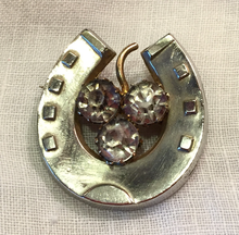 Load image into Gallery viewer, Brooch, 19th c horse shoe w &quot;paste&quot; glass &quot;diamond&quot; clover, silver plated, Dressage
