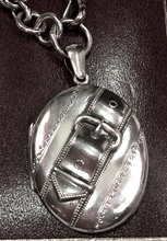 Load image into Gallery viewer, Necklace, AH designed, features an Antique Sterling Buckle Strap Locket on vintage Anchor Watch Chain

