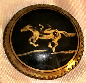 Brooch, racing, gilt on glass, early-mid 20th c