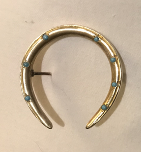 Brooch, horse shoe, w turquoise, antique, goldfilled