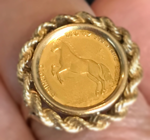 Ring, 14k with .999 pure gold Singapore horse coin