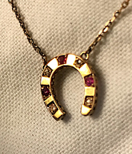Load image into Gallery viewer, Necklace, 14 kt gold, antique diamond &amp; ruby horse shoe
