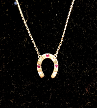 Load image into Gallery viewer, Necklace, 14 kt gold, antique diamond &amp; ruby horse shoe
