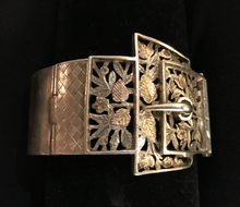 Load image into Gallery viewer, Bracelet, Fabulous silver buckle bracelet w 9 kt yellow, green &amp; rose gold detail
