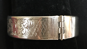 Bracelet, unmarked 800? silver, hand engraved & signed by maker, April 3, 1882