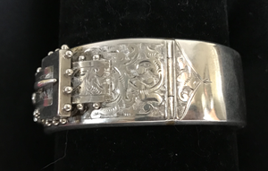 Bracelet, buckle, hand engraved, unmarked sterling, beaded edge