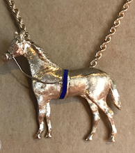 Load image into Gallery viewer, Necklace, 14 kt gold large horse pendant w a blue surcingle on woven 18” chain
