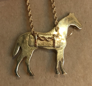 Necklace, 14 kt gold large horse pendant w a blue surcingle on woven 18” chain