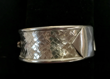 Load image into Gallery viewer, Bracelet, AH designed, late 1800’s 9 kt rose gold brooch mounted on vintage woven sterling cuff
