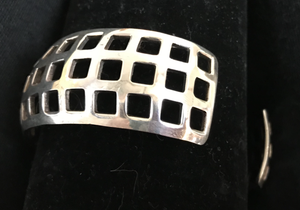 Bracelet, AH Designed, sterling mid century modern geometric cuff mounted with 1870’s sterling stock pin