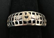 Load image into Gallery viewer, Bracelet, AH Designed, sterling mid century modern geometric cuff mounted with 1870’s sterling stock pin
