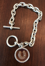 Load image into Gallery viewer, Bracelet, AH Designed, 19th c rose gold horse shoe on sterling disc &amp; modern toggle chain
