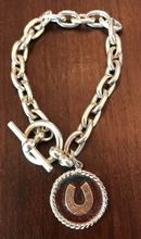 Load image into Gallery viewer, Bracelet, AH Designed, 19th c rose gold horse shoe on sterling disc &amp; modern toggle chain
