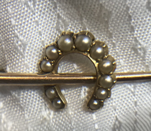 Load image into Gallery viewer, Stock pin, 15 kt yellow &amp; white gold, pearl horse shoe on whip
