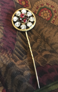 Stickpin, antique “ruby & diamond” faux stones set in gold metal
