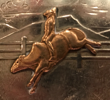 Load image into Gallery viewer, Belt buckle, vintage Irvine &amp; Jachens, bull rider, brass &amp; German silver

