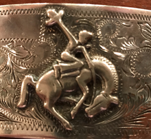 Load image into Gallery viewer, Belt Buckle, vintage sterling, bronc rider, hand crafted &amp; signed, and in excellent vintage condition
