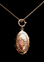 Load image into Gallery viewer, Locket, Antique Gold plated locket w 9kt gold horse shoe on front
