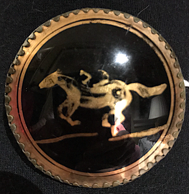 Brooch, racing, gilt on glass, early-mid 20th c