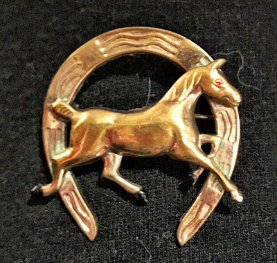 Brooch, 1950’s era running horse w horseshoe, brass
