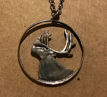 Load image into Gallery viewer, Necklace, silver elk cut out pendant, Canadian 25 cent piece on chain
