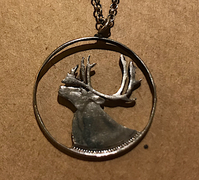 Necklace, silver elk cut out pendant, Canadian 25 cent piece on chain
