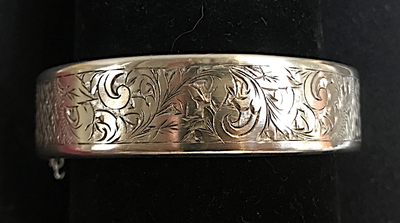 Bracelet, unmarked 800? silver, hand engraved & signed by maker, April 3, 1882