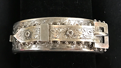 Bracelet, buckle, hand engraved, unmarked sterling, beaded edge